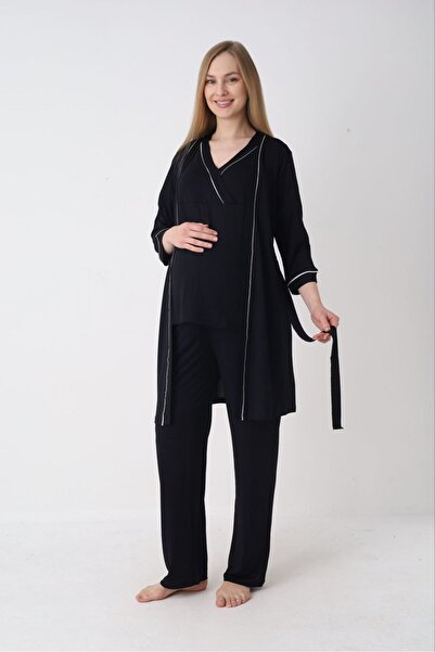 AYLAMLİNGERİE Aylam Lingerie Robe and Stripe Detailed Maternity and Postpartu...