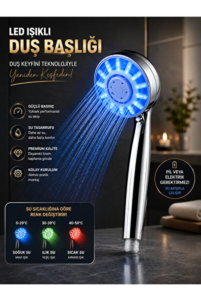 Premium Banyo LED Işıklı Duş Başlığı Basınç Artırıcı Su Tasarruflu Renk Değiş...