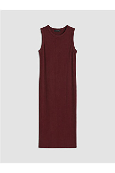 LC Waikiki New Season Burgundy Crew Neck Ribbed Bodycon Dress