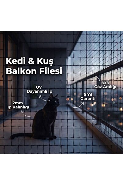 GüneyBey File Kedi Balkon Filesi | 1,5 x 8 Metre | Siyah | 2 mm İp, 4x4 cm Gö...
