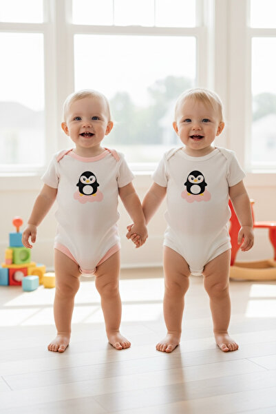 BİANCOFİGLİO Penguin Figured Short-Sleeved Organic Fabric Bady 2-Pack