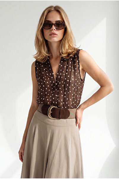 Olalook Women's Brown Stone Buttoned Polka Dot Semi-Transparent Sleeveless Sh...