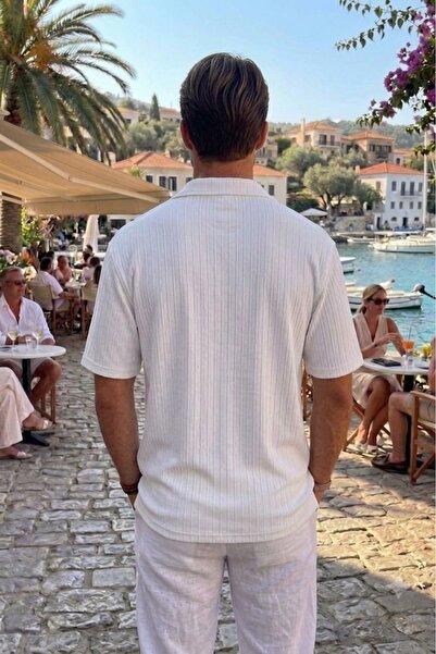 CAST COLLECTİON Erkek Beyaz Marcus Çizgili Kısa Kol Yazlık Gömlek