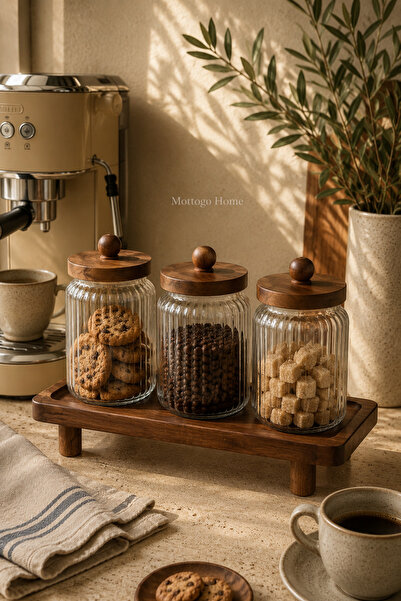 Mottogo Acacia Lid Vacuum Glass Jar Set of 3 with Wooden Stand Coffee Corner ...