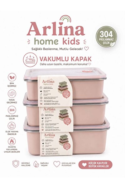 Arlina Home Kids 304 Stainless Steel 3-Piece Vacuum Storage Container Pink