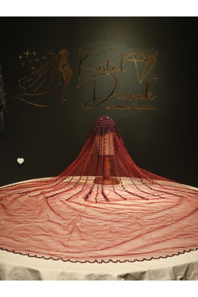 Bahar Dalı Model Gelin Duvağı-Bordo Duvak