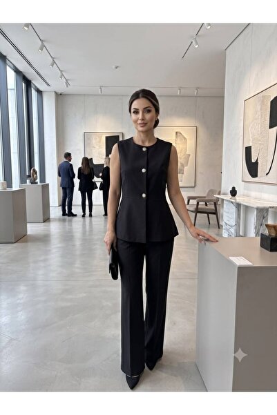 Elya siyah düğme detaylı peplum yelek ve pantolan takımı