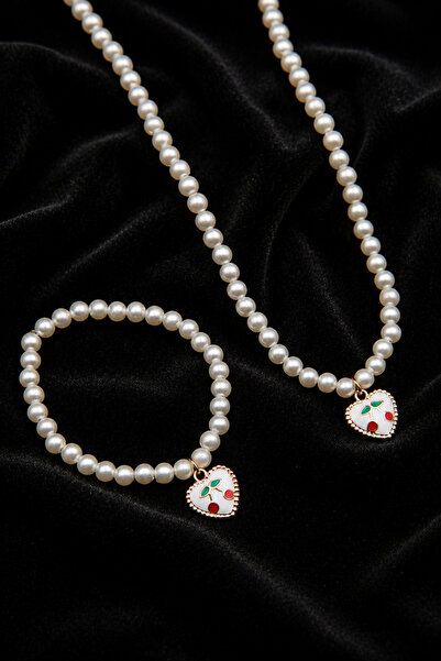 TREND COLLECTİON Pearl Necklace Bracelet Set Heart Figured Charm Women's Jewe...