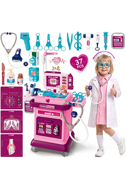 Toybox مجموعة أدوات طبيب للأطفال الصغار مكونة من 37 قطعة مع عربة طبية وأضواء ...
