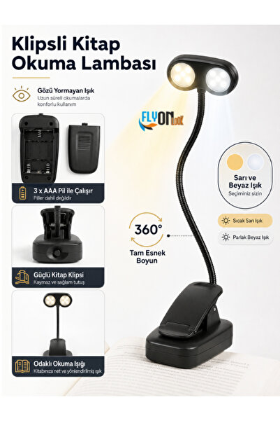 FLYONLOOK Gözü Yormayan Klipsli Kitap Okuma Işığı 3W SMD LED Mandallı Pilli L...