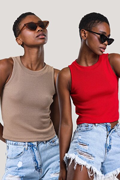 Feyece Women's Red Biscuit Halter Neck Ribbed 2-Pack Crop Blouse