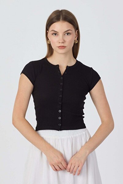 NİLİST Cotton Front Buttoned Camisole Crop Blouse - Black