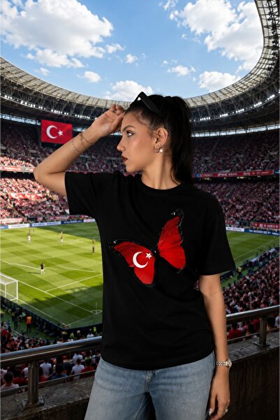 Krays Turkey Butterfly Pattern Unisex T-Shirt - Turkish Flag Printed Dtf Prin...