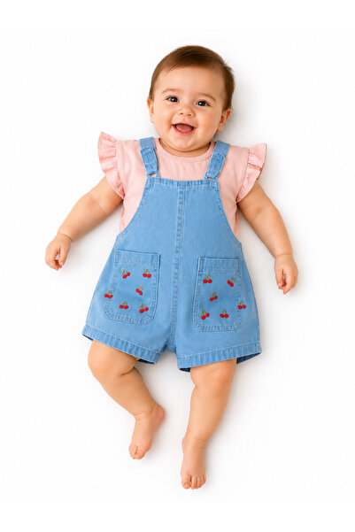 LİLİYUM 100% Cotton Baby Girl Denim Overalls Set with Pink T-Shirt Summer 2-P...