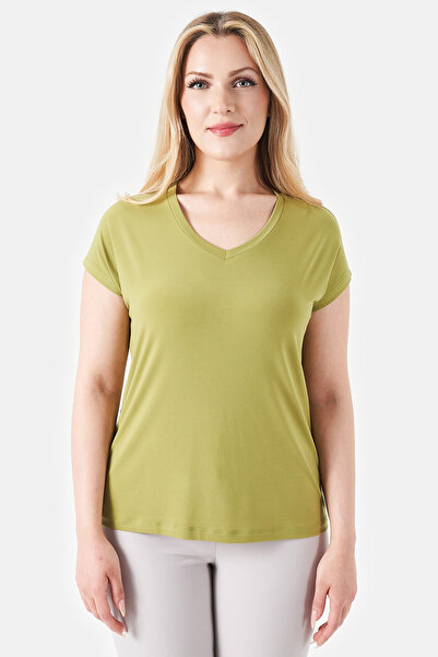 TOLGA SARAÇOĞLU 10915 Green V-Neck Low-Sleeve Knitted Blouse