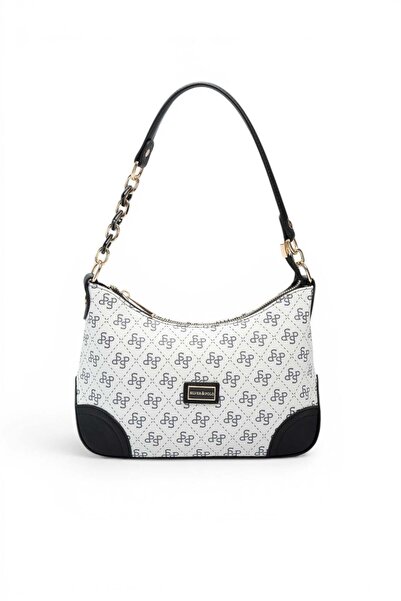 Silver Polo حقيبة كتف نسائية باللون الأبيض والأسود مونوغرام SP1277