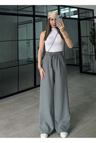 Olbia Women's Dark Khaki High Waist Elastic Tencel Trousers with Pockets