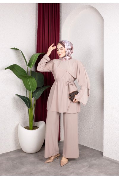 MODAMÜNASİP Wonderful Sandy Cape Detailed Belted Suit