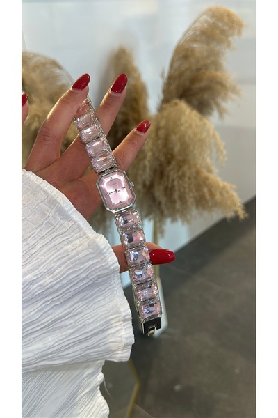 GLARE JEWELRY CO Luxury Full Glass Stone Dial with Pink Interior Detail Pink ...