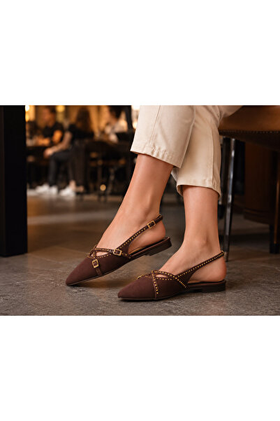 Ventes Kadın Sivri Burun Çapraz Bantlı Gold Tokalı Slingback Babet