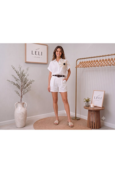 leli lounge Sarı çiçek aplike gömlek ve kemerli şortlu takım