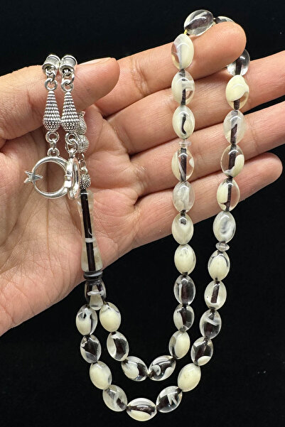 Fabula Silver Beyaz Renk Hareli Ay Yıldız Püsküllü Toz Kehribar Tesbih