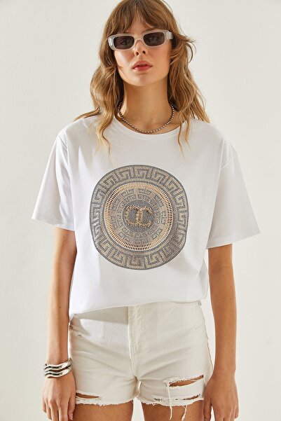 Hiccup Tricou simplu din jerseu cu guler rotund și detalii cu pietre Bianco L...