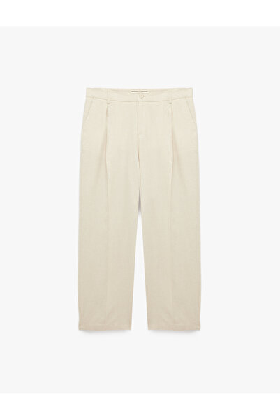 Koton Comfortable Fit Pocketed Pleated Linen Blend Summer Barrel Fit Trousers