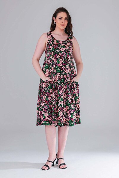 Madwilo Rochie fără mâneci pentru femei, verde, roz, cu model floral, mărimea...