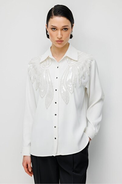 Moda İlgi Aplikeli Oversize Gömlek 10121 Ekru