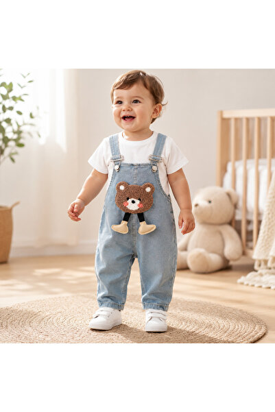 TA&CE TACE KIDS Bebek Kabartma Ayıcık Detaylı Kot Bahçıvan Salopet ve Beyaz T...
