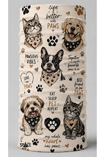 Vintage Stil Kedi Köpek Temalı Sevimli Pati Desenli Bandana Buff