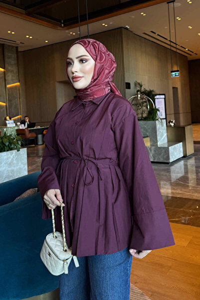 İmajButik قميص أحمر كلاريت بأزرار وحزام خصر