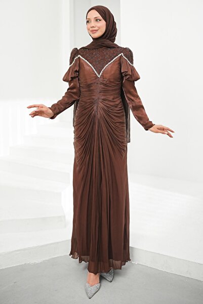 İmajButik Brown Gathered Front Shoulder Detail Janjan Evening Dress