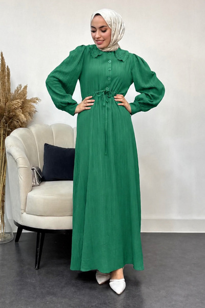 Tesettür Diyarı Women's Baby Collar Button Detailed Dress - Light Green