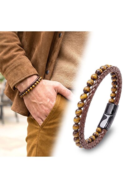 Generic Brand Tiger Eye Natural Stone Leather Men's Bracelet 31682B7D8