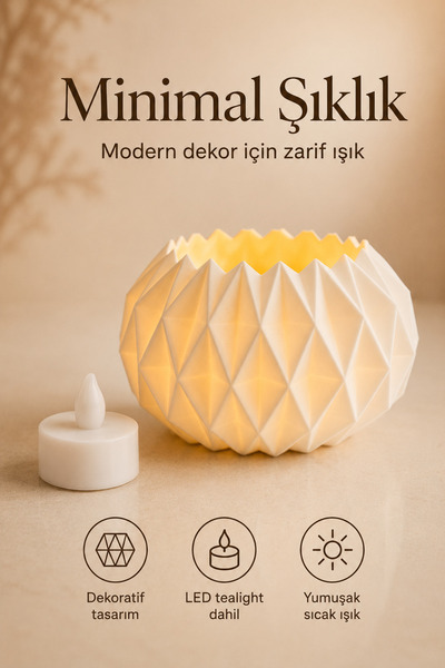 Decoroom Geometrik LED Mumluk Dekoratif Tealight Mumluk Sıcak Işık Efektli Mo...