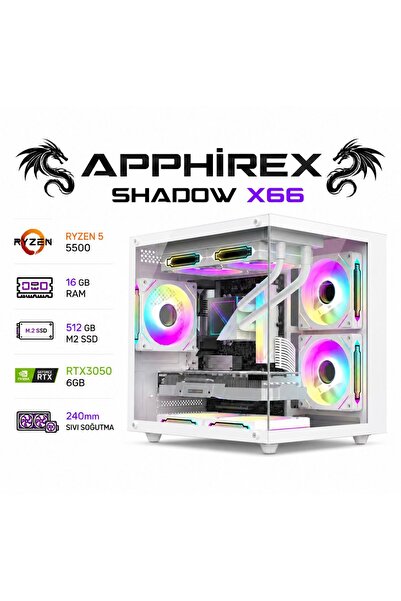 Apphirex SHADOW X66 Ryzen 5 5500 16GB RAM 512GB M2 SSD RTX3050 Sıvı Soğutmalı Beyaz Masaüstü Oyun Bilgisayarı