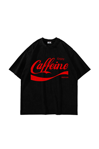 Sekizbiraltı Caffeine Baskılı Oversize Unisex Siyah Tshirt