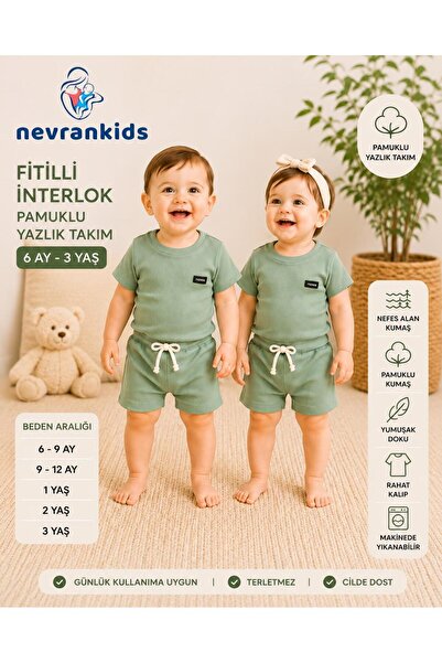 nevrankids Fitilli İnterlok Pamuklu Yazlık Bebek Takımı Şortlu Unısex İkili Takım 6 Ay - 3 Yaş - Çağla Yeşil