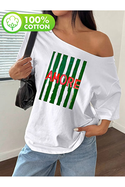 OVER HEAD Tricou de damă Amore cu imprimeu, cu gât barcă și umeri goi, 100% b...