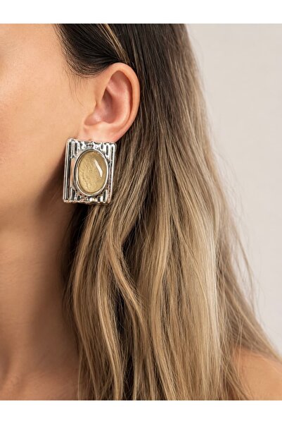 LEROSY CO. Special Series Oval Coffee Stone Detailed Silver Earrings