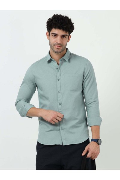 THE SOUTHZ Premium Pista Green Cotton Linen Solid Full Sleeve Shirt