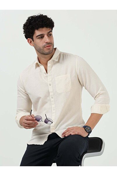 THE SOUTHZ Premium Beige Cotton Linen Solid Full Sleeve Shirt