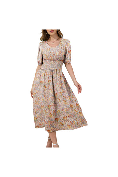 OEM Rochie midi pentru femei, de vară, lejer evazată, vaporoasă, cu flori, be...