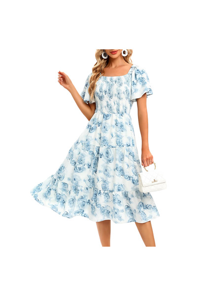 OEM Rochie de cocktail midi cu mâneci bufante Boho, vaporoasă, cu imprimeu fl...