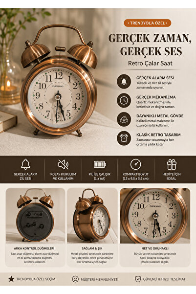 GIFT Retro Çalar Saat Metal Gövdeli Masa Saati Gerçek Zil Sesli Quartz Mekani...