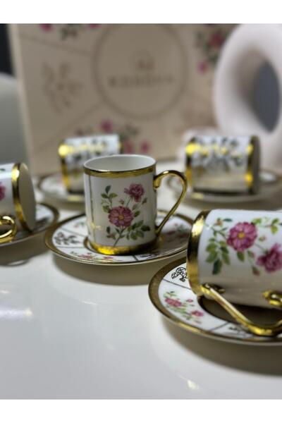 Kosova Tatum Floral Gold 6-Person Turkish Coffee Cup Set