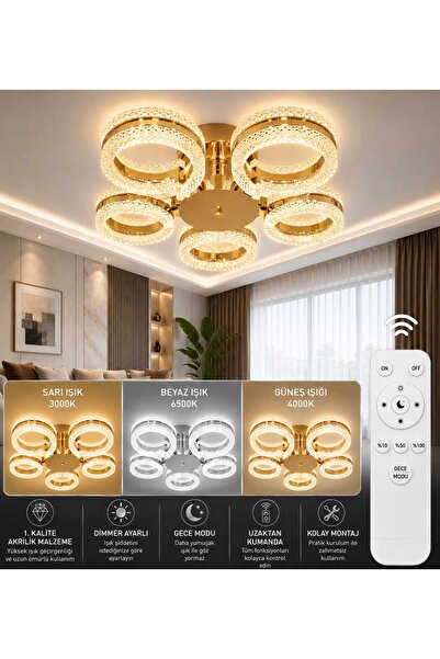 MAVERALİGHTİNG ALYA 5Lİ AVİZE 3 RENK LED ISIKLI KUMANDALI AVİZE MODERN SALON ...