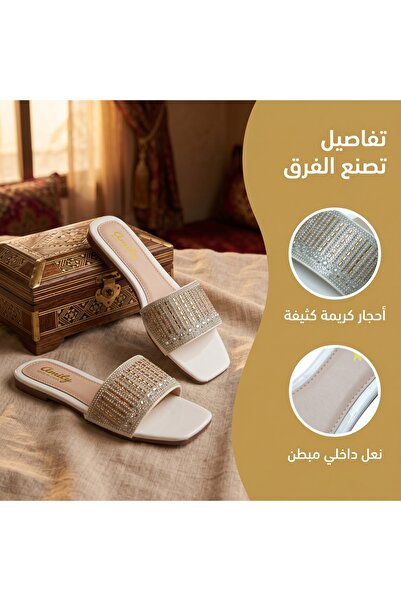 Dhiaa Walk White Rhinestone Embellished Slide Sandals - Women’s Bright Flat S...